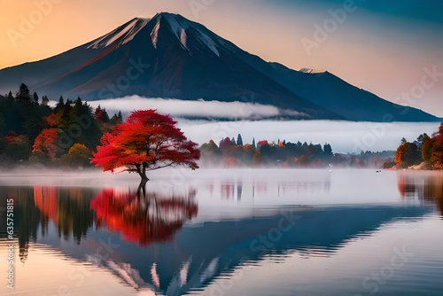 mountain in autumn season , autumn tree in snow and lake , Colorful Autumn Season and Mountain Fuji with morning fog and red leaves at lake