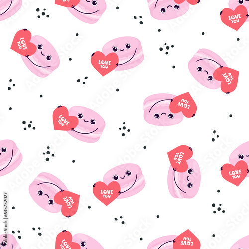 Vector pattern. Pattern for Valentine's Day products. Pattern with macaroons with hearts. Lettering I love you. . Vector illustration