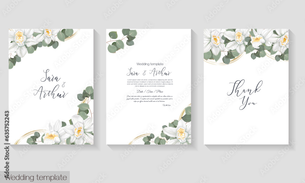 Vector herbal wedding invitation template. White orchid, green plants and leaves