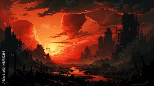 An illustration of the city after the apocalypse with red sky AI Generated