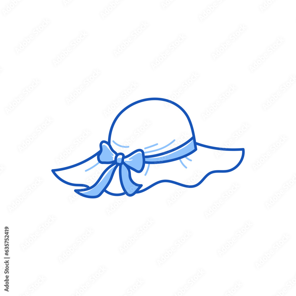 Fototapeta premium Summer woman hat doodle. Hand drawn sketch doodle style summer woman hat. Blue pen line stroke isolated element. Vector illustration