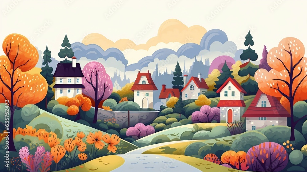 An illustration of a village in the fall AI Generated - obrazy, fototapety, plakaty 