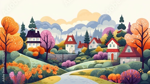 An illustration of a village in the fall AI Generated photo