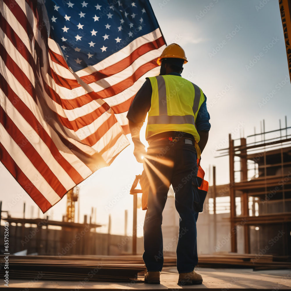 Naklejka premium Construction workers on construction site, with the U.S. flag in the background.
