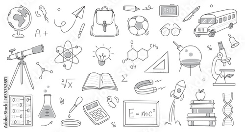Back to school education doodle icon. Hand drawn line doodle sketch style back to school illustration. Hand drawn book, bag, globe education elements background. Vector illustration.