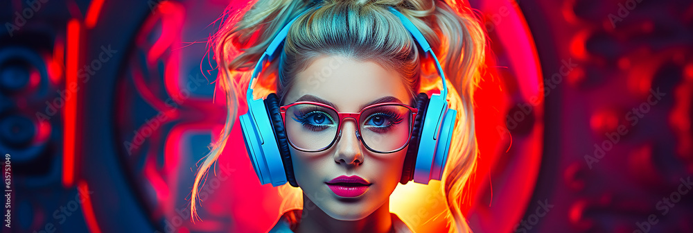 A young woman in braids and glasses and headphones on her head. AI generative. A young woman in braids and glasses and headphones on her head. AI generative.