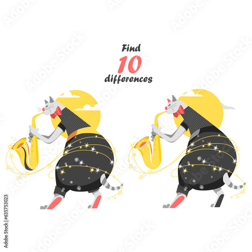 find 10 differences. vector illustration for children. development of logic and attention. a cat with a saxophone