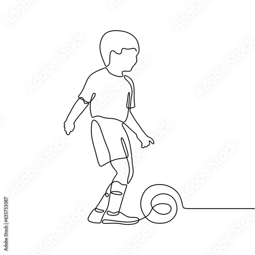 Single continuous line art of a child playing football