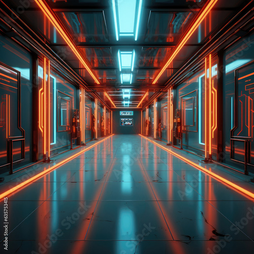 Futuristic corridor with glowing neon lights. created by generative AI technology.