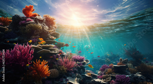 Underwater landscape with corals and tropical fish. 3D illustration. created by generative AI technology. © hakule