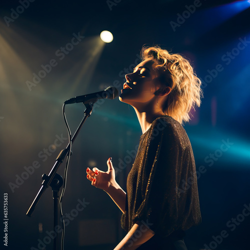 Female Singer on a stage holding a microphone while singing a song. Spotlights create a special atmosphere at the concert. Shallow field of view. photo