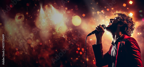 Male Singer on a stage holding a microphone while singing a song. Spotlights create a special atmosphere at the concert. Shallow field of view. photo