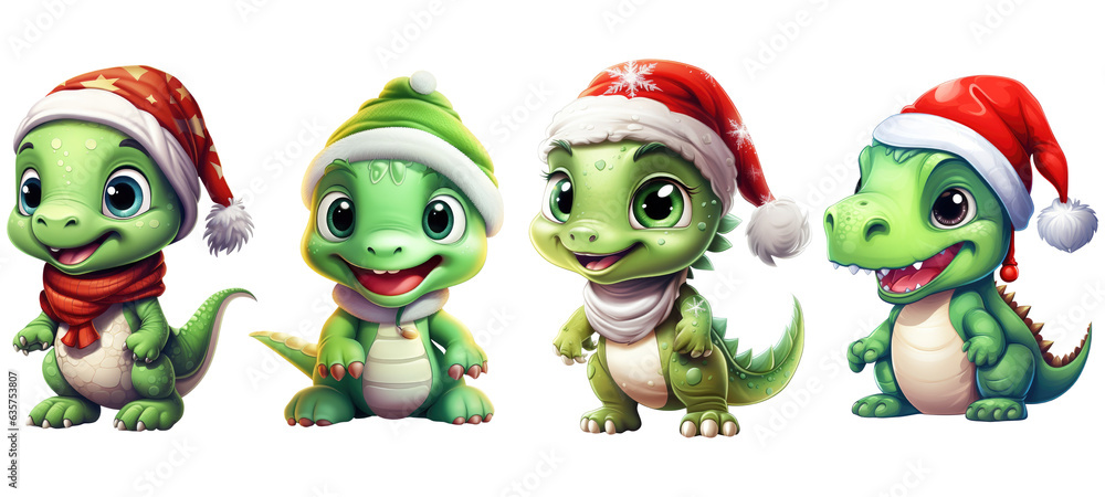Christmas Cute Baby Dinosaur Clipart. Generative AI Christmas Cute Baby Dinosaur Clipart. Generative AI