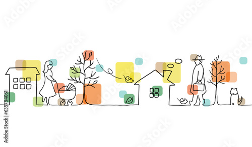 秋の街並みと人々の風景の線画イラスト