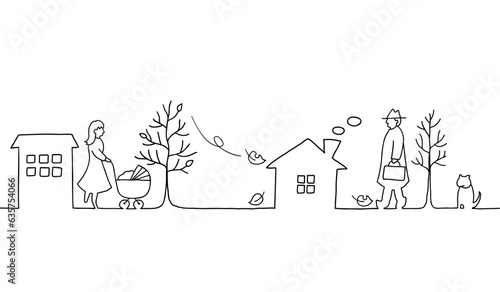 秋の街並みと人々の風景の線画イラスト