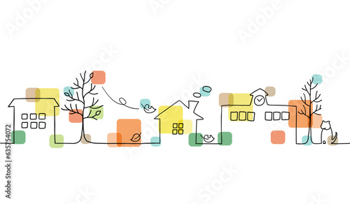 木枯らし吹く秋の街並みの風景　線画イラスト