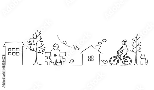 秋の街並みと人々の風景の線画イラスト