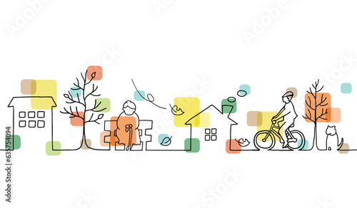 秋の街並みと人々の風景の線画イラスト