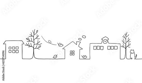 木枯らし吹く秋の街並みの風景　線画イラスト