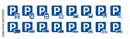 Vector Sets of Parking Lots. Letter P Parking Symbol Sign. Car, tram, train, Vehicle, motorbike, bicycle, truck, air craft, cargo, ferry, and car parking sign. Vector.