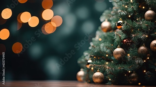 Christmas Tree With Baubles And Blurred Shiny Lights banner with text space