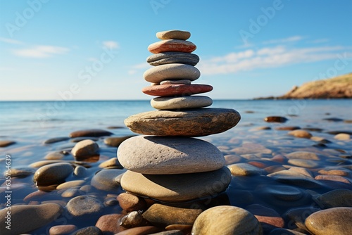 Beachfront relic Stones stacked as a pyramid, overlooking the expansive sea expanse Generative AI