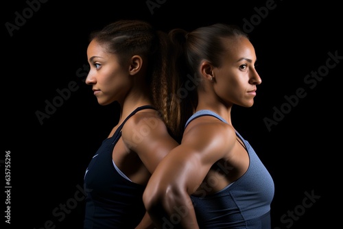 two female athletes standing in a pose in a studio. generative AI