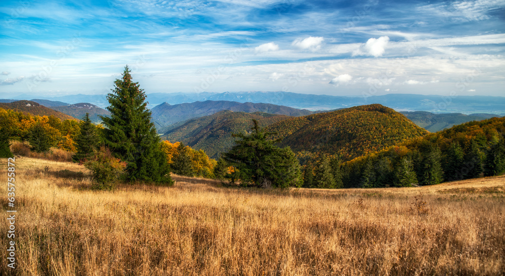 Autumn meadow and colorful mountains
