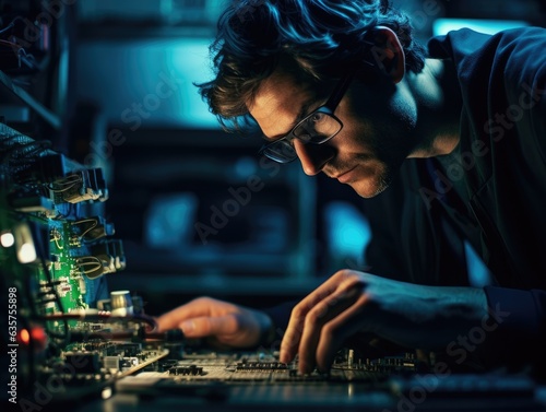 A man working on a computer in a dark room. Generative AI.