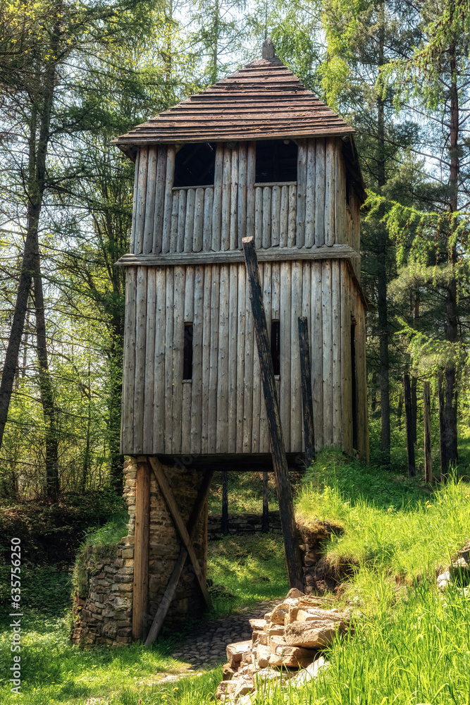 Wooden tower in Archaeological museum of Havránok in Slovakia Wooden tower in Archaeological museum of Havránok in Slovakia