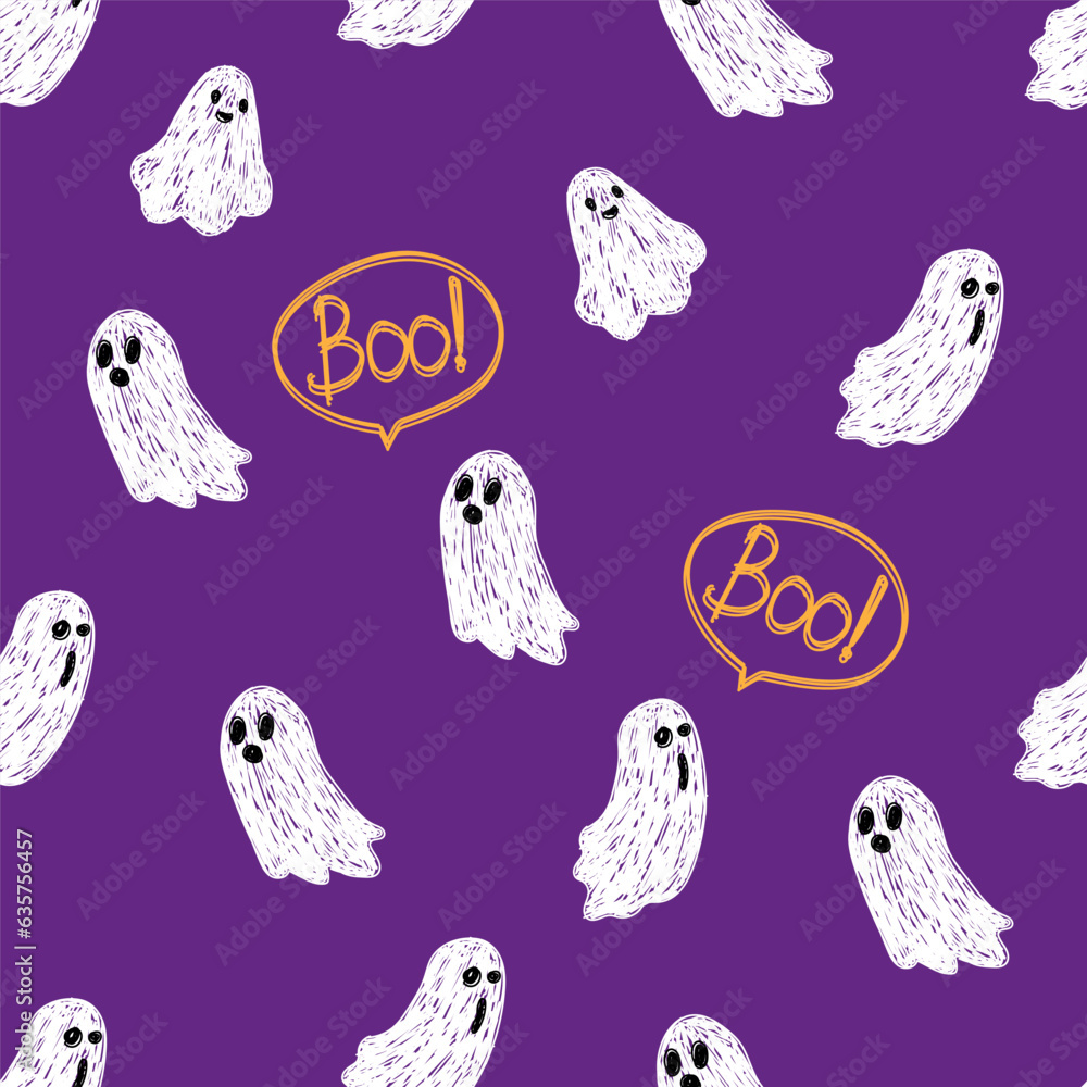 Halloween ghost seamless cute pattern. For backdrop, wrapping paper, fabric, wallpaper. fashion prints. Printing with in hand drawn style Pastel background.