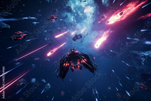 epic space battle with explosions and motion blur