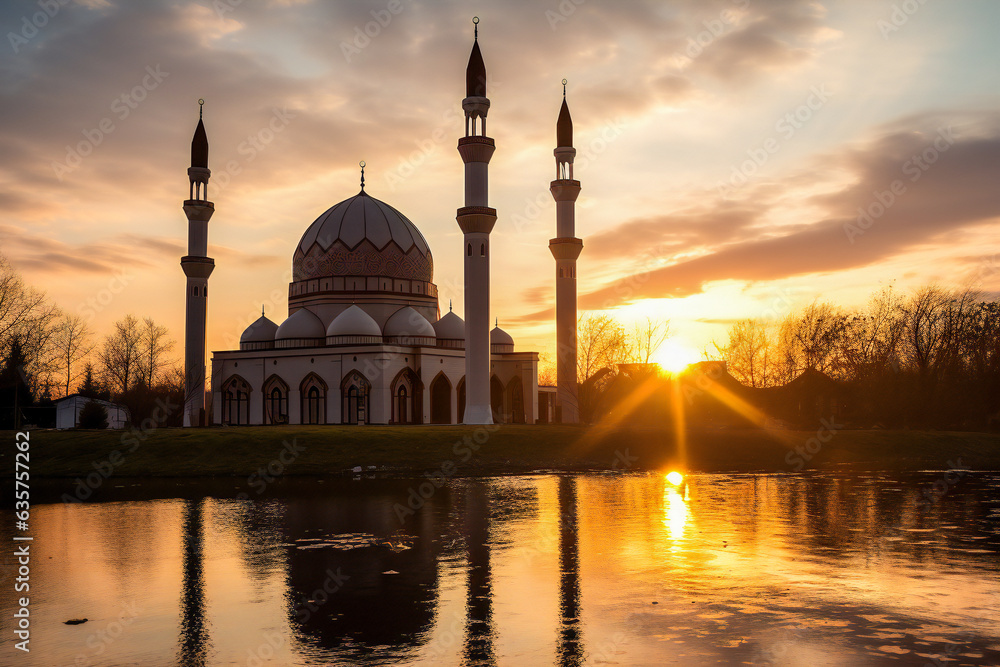Big generic mosque with minarets with sun behind