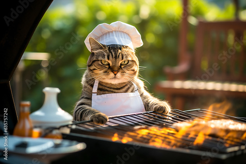 Funny cat chef cooking a barbeque at grill