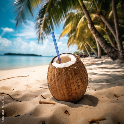 Coconut with a straw on a tropical beach. Generative AI.