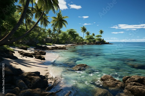 Beachside elegance Palms sway gracefully along the shore, framing oceans allure Generative AI