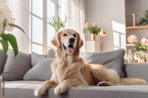 Modern living room interior Cute Golden Labrador Retriever near couch Generative AI.