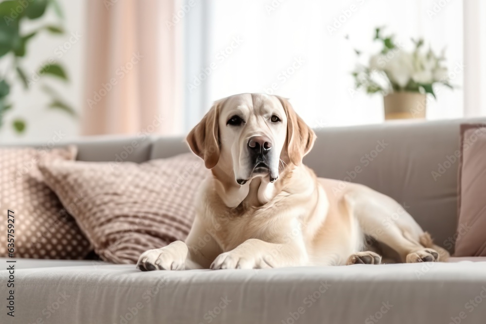 Modern living room interior Cute Golden Labrador Retriever near couch Generative AI. Modern living room interior Cute Golden Labrador Retriever near couch Generative AI.