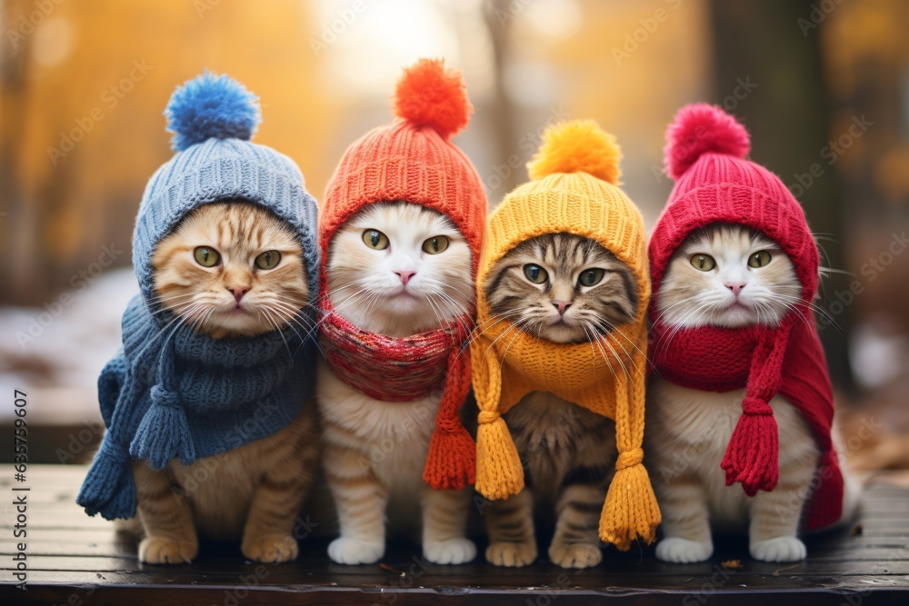 A group of adorable happy cats dressed in knitted scarves and hats, funny winter illustration, Generative AI