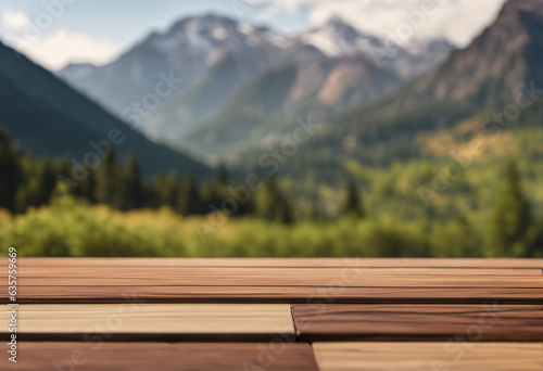 Generative AI platform wooden table in the mountains © pa