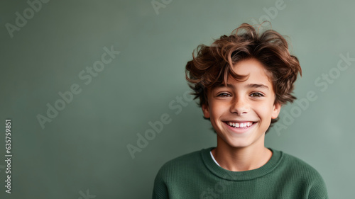 Italian pre-teen boy, brown curls, green theme