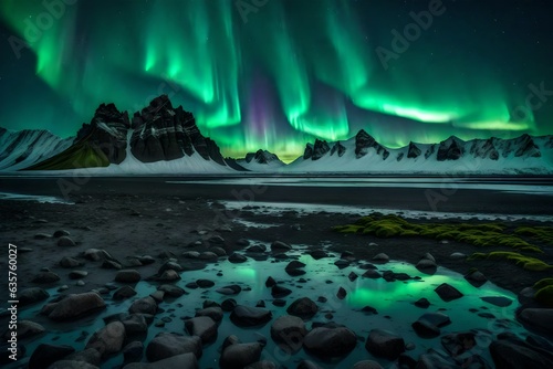 Amazing view of green aurora borealis shining in night sky over snowy mountain ridge with black sand stockness beach and vestrahorn mountain in background in iceland 3d rendering 