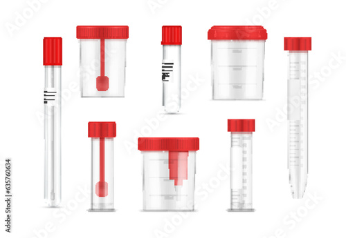 Medical containers assembling human biomaterial transparent plastic can red cap set realistic vector photo