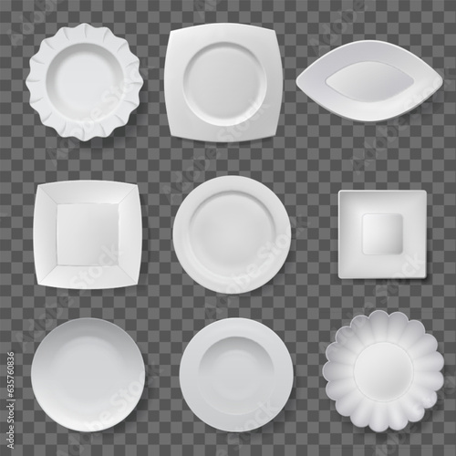 White dish plate different shape top view kitchen porcelain dishware isolated set realistic vector