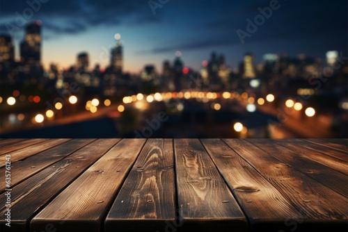 City lights backdrop Blurred night sky frames wooden table in urban ambiance Generative AI