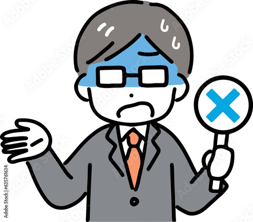 困った顔でバツのサインを出す眼鏡のビジネスマン(上半身・正面)	