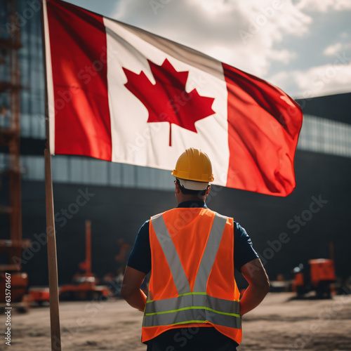 Construction workers at a construction site, with the Canadian flag in the background.
