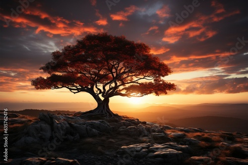 Dawns embrace Silhouetted tree stands against backdrop of suns radiant embrace Generative AI