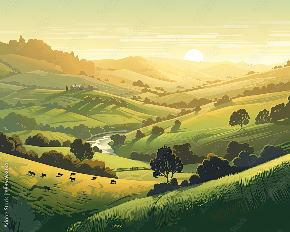 Rolling Hills and Green Pastures Farm Scenery Illustration for Generative AI - obrazy, fototapety, plakaty 