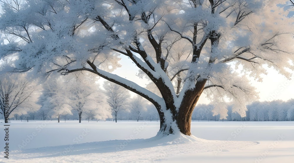 Nature's artistry: Snow-draped tree in a peaceful setting. Nature's artistry: Snow-draped tree in a peaceful setting.